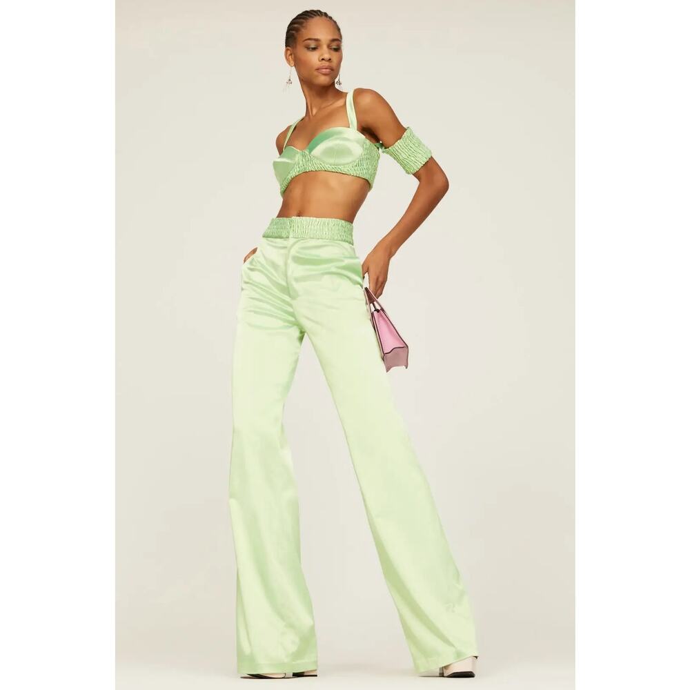 Aliette Sz 10 Green Lime Silk Satin silky Wide Leg Smocked Waist Pants Urban